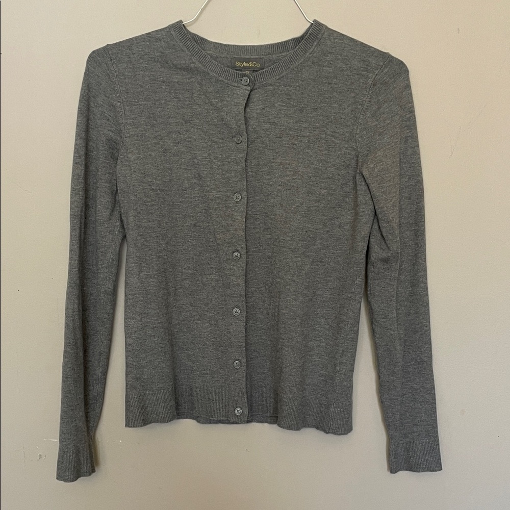 Style & Co. Gray Button-Front Crewneck Cardigan
